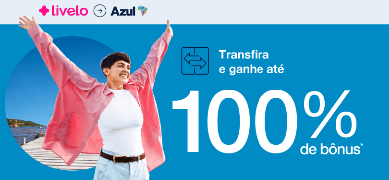 Transfira pontos da Livelo para Azul com até 100% de bônus