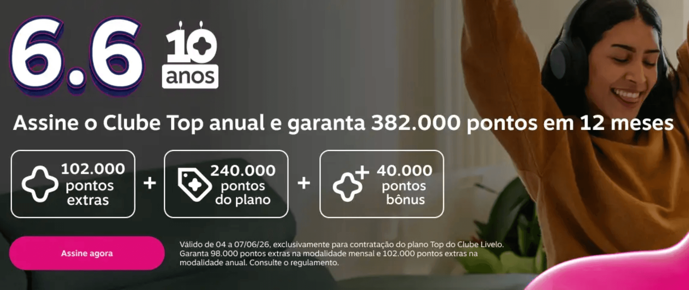 Clube Livelo Top oferecendo até 382 mil pontos no primeiro ano