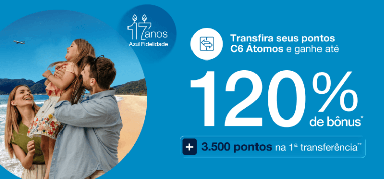 Transfira seus pontos do Átomos para Azul com até 120% de bônus