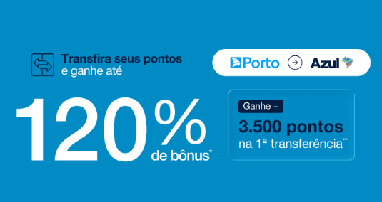 Transfira de Porto Bank para Azul Fidelidade com até 120% de bônus